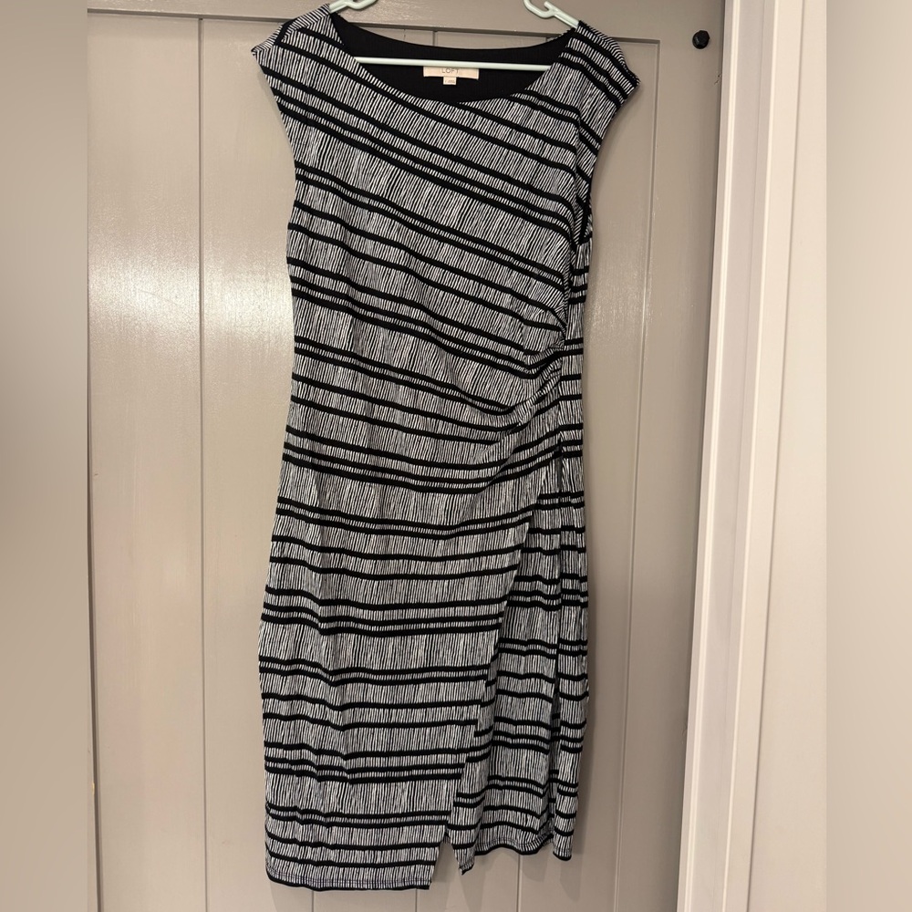 LOFT Black White Striped Midi Dress Fall Professional Workwear L - Picture 2 of 8